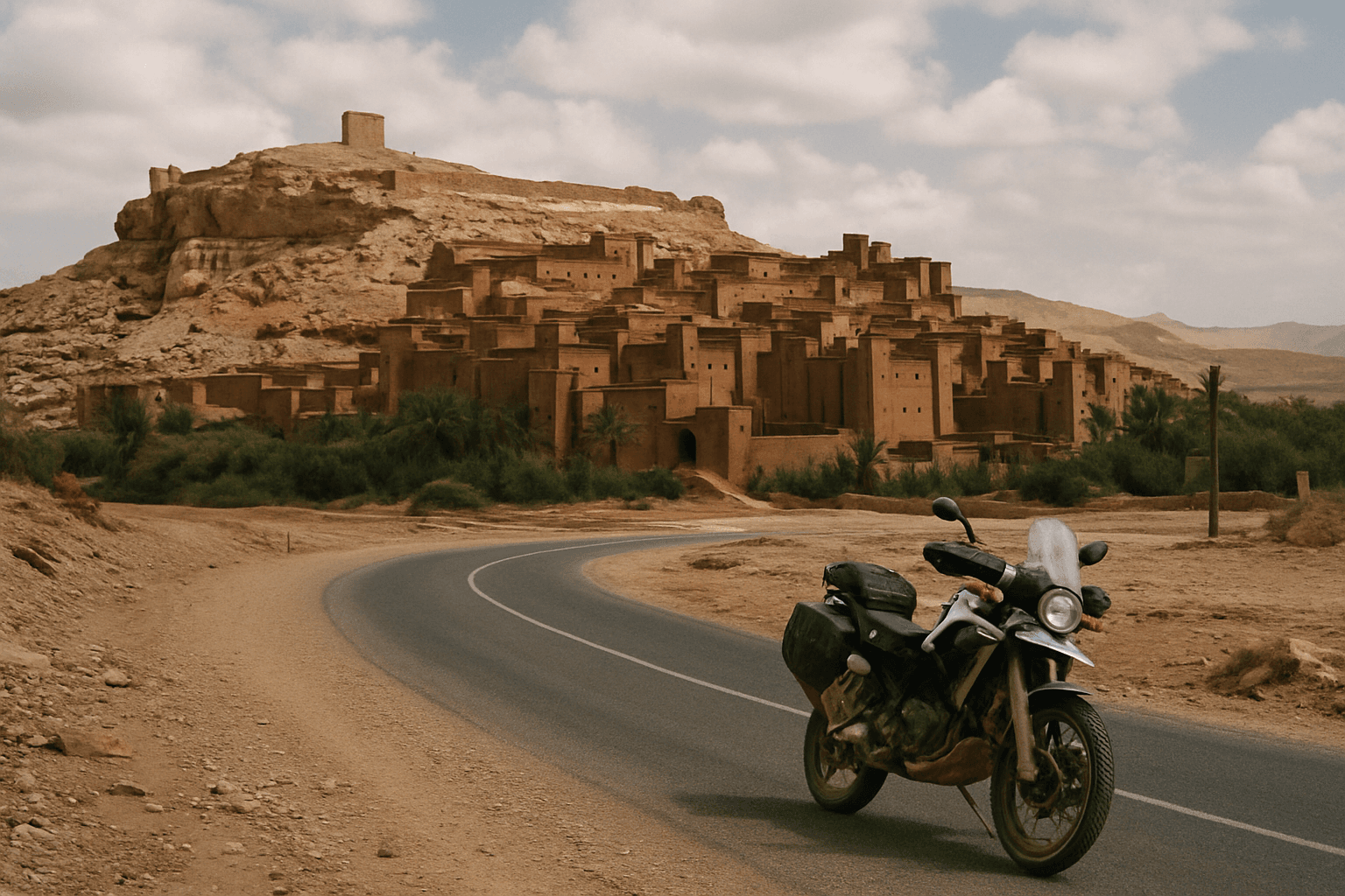 Road winding past the kasbah of Ait Benhaddou in Morocco at golden hour