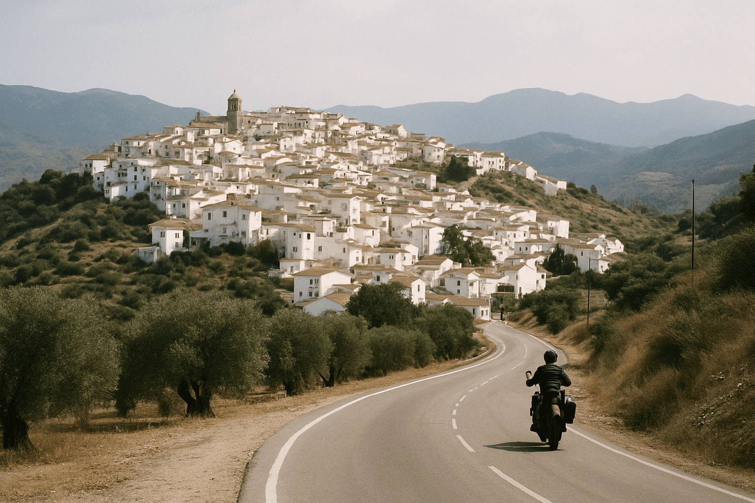 White village of Andalusia, Spain, with a winding mountain road at golden hour