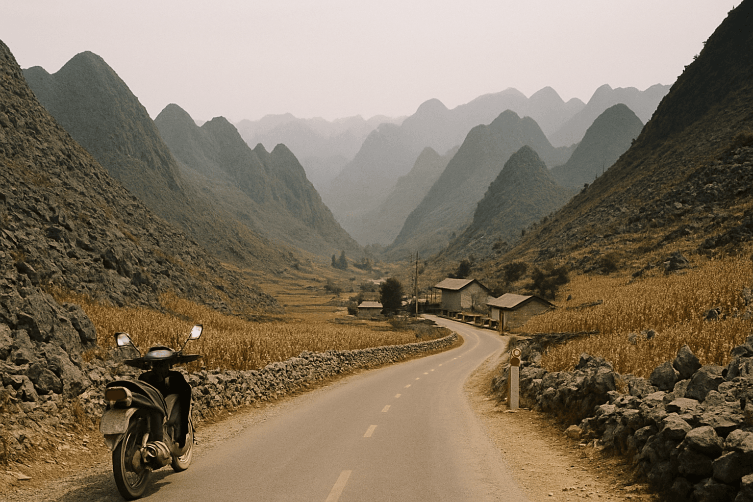 Karst mountains of the Dong Van plateau in Ha Giang province, Vietnam, with a winding road