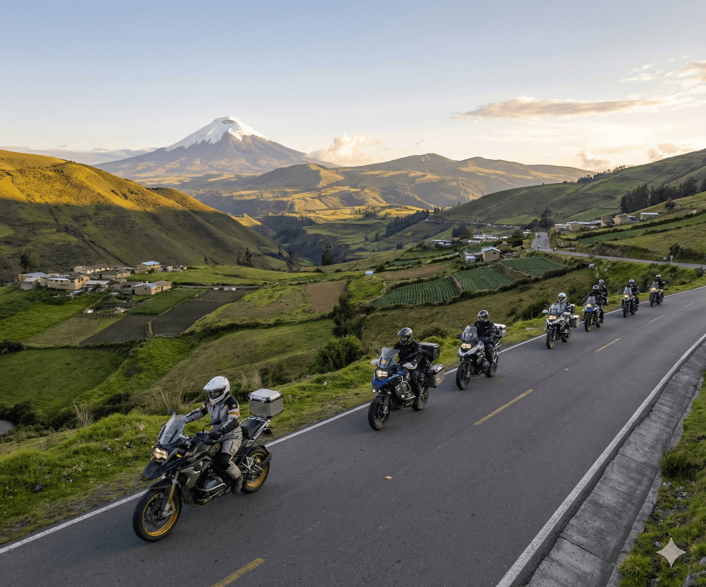Motorcycle riders on a mountain road at sunrise