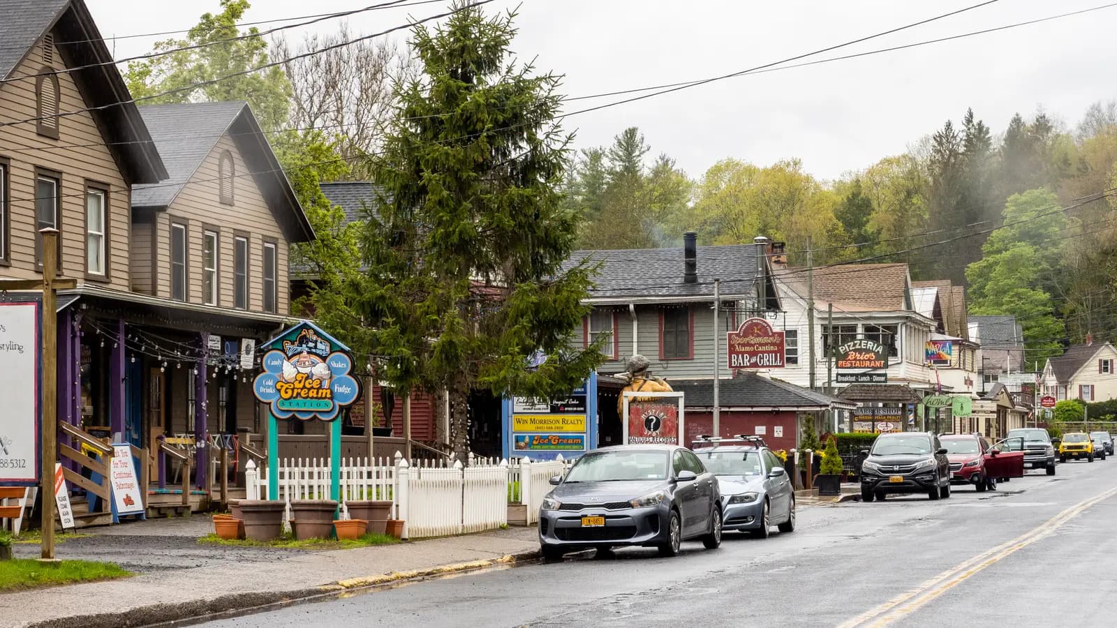 Phoenicia's Main Street lined with wooden shopfronts and parked cars, under a steep forested mountainside