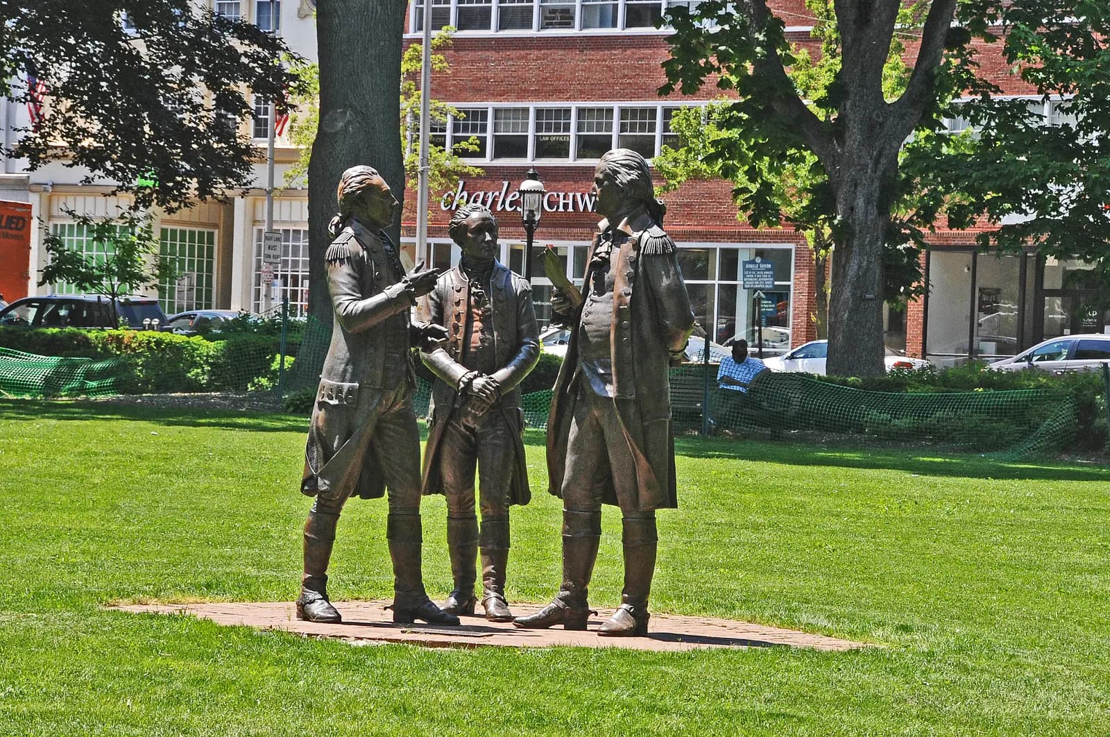 Bronze statue of Washington, Lafayette and Hamilton on the lawn of Morristown Green