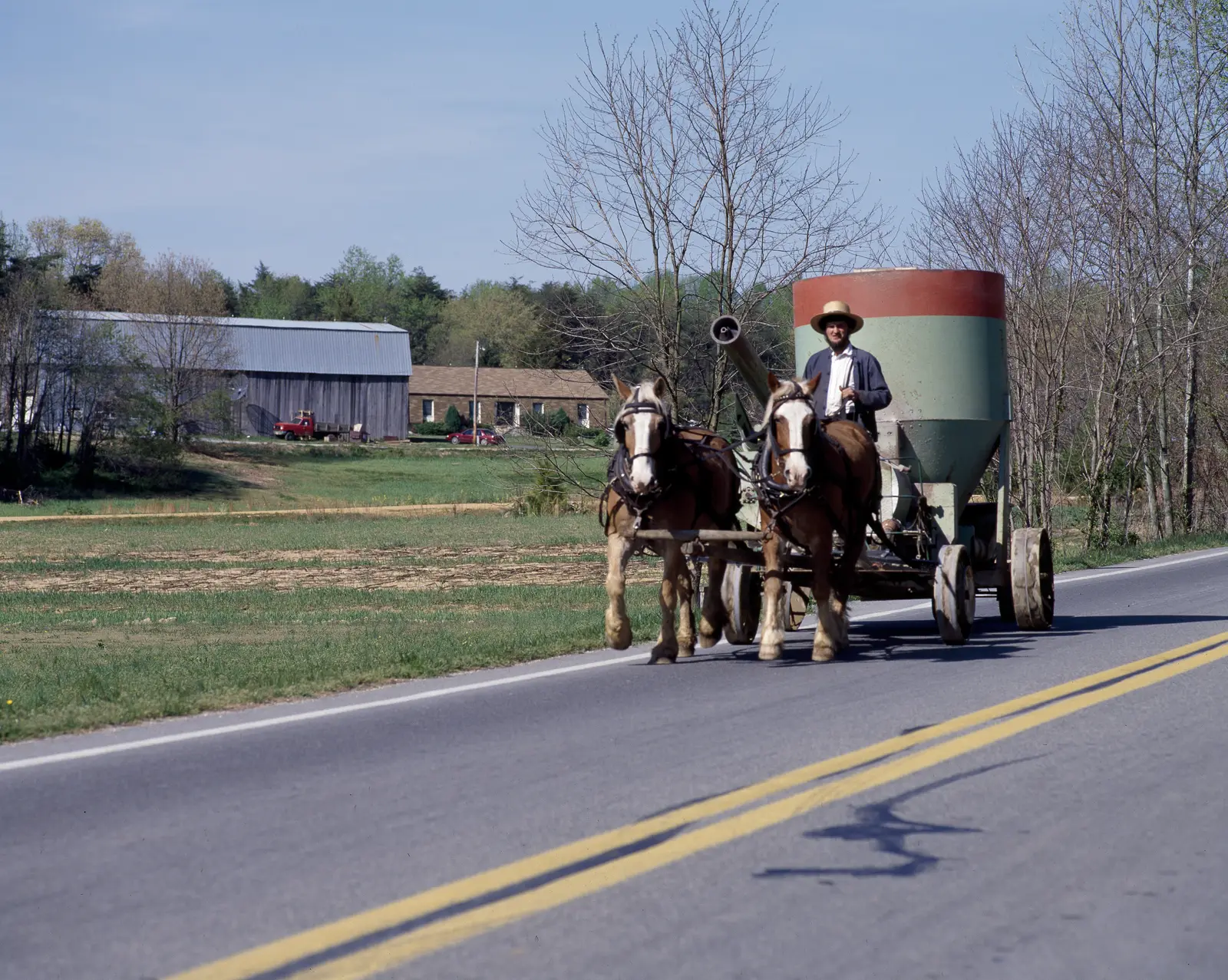 An Amish farmer driving two horses and a steel-wheeled wagon along a country road in Lancaster County