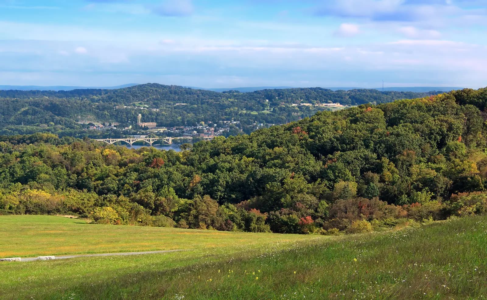 View from Highpoint Scenic Vista across the Susquehanna to Columbia and the arched Veterans Memorial Bridge