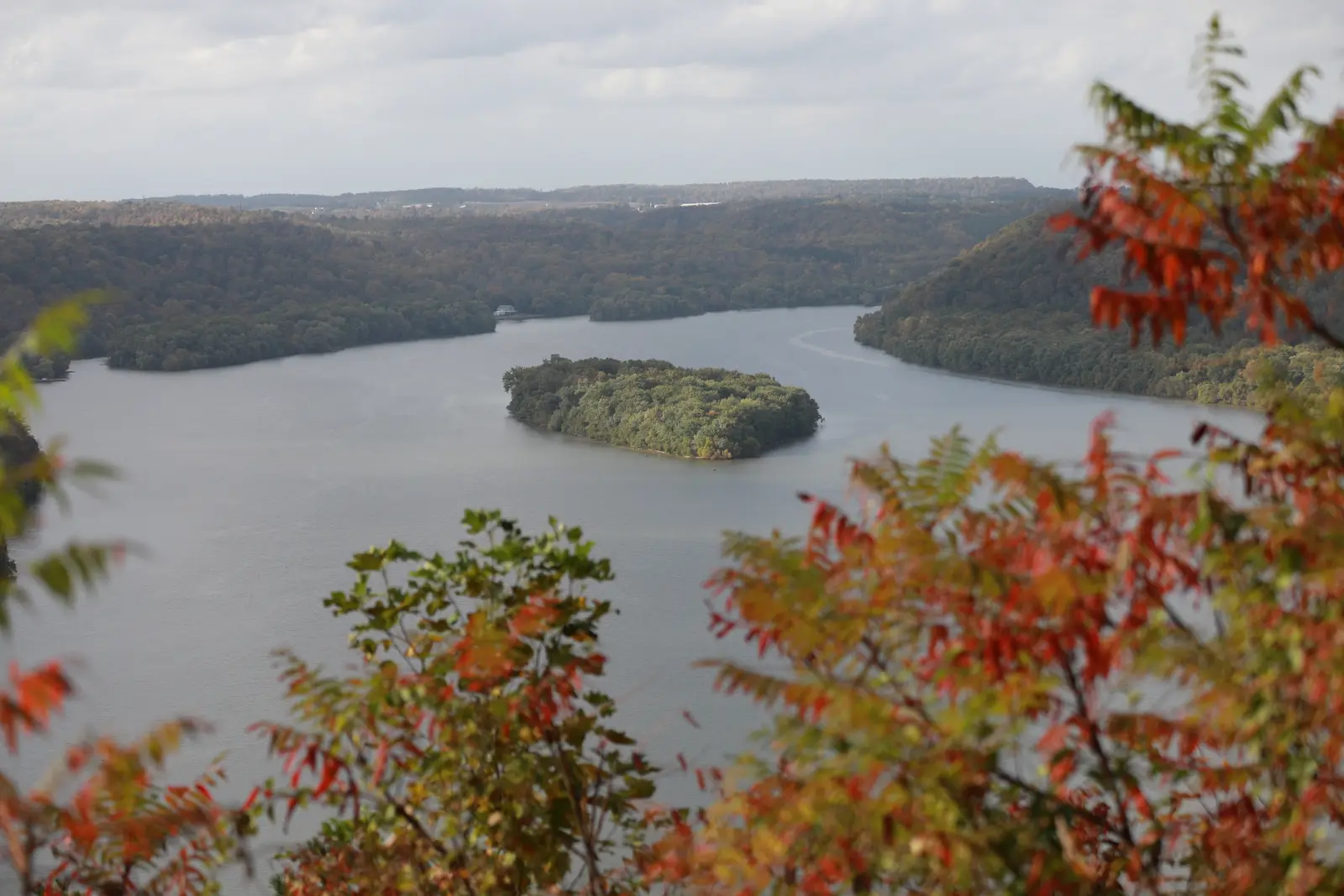 Lake Aldred and a wooded island seen through autumn sumac leaves from the Pinnacle