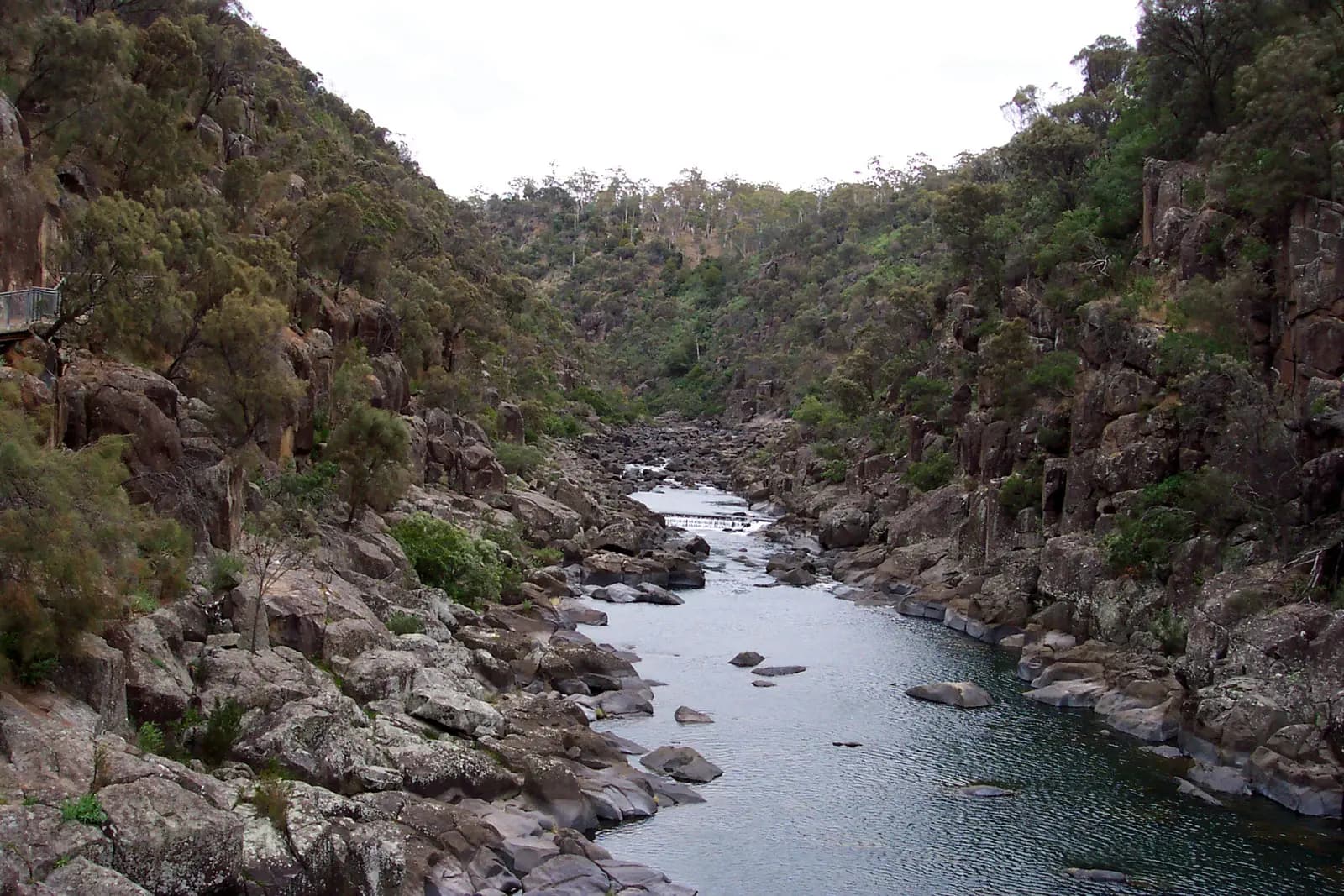 The South Esk River running between rocky, wooded cliffs in Cataract Gorge