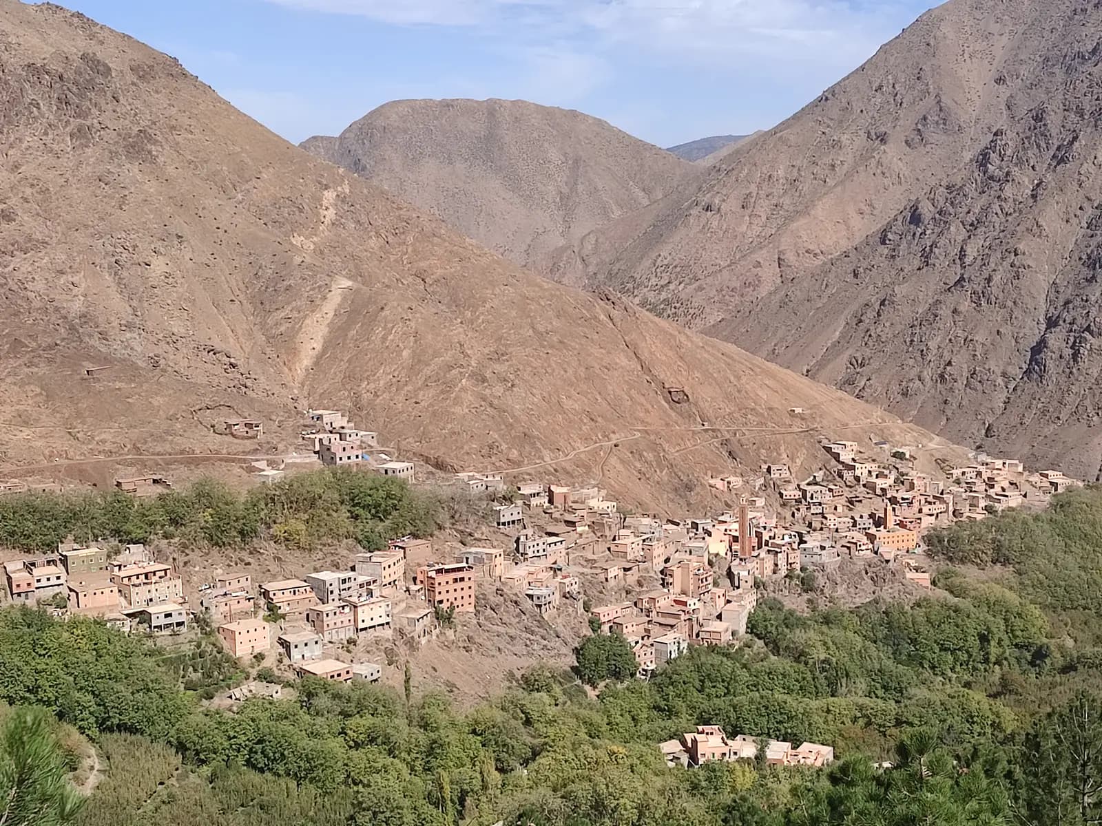 Flat-roofed houses of Imlil spread along a green valley floor beneath bare brown mountains