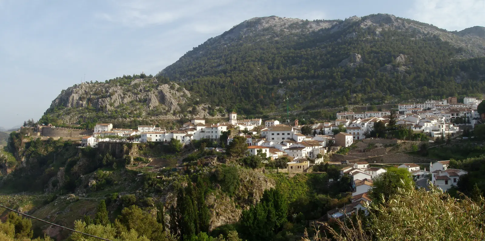 The white houses of Grazalema spread along a hillside below forested limestone mountains