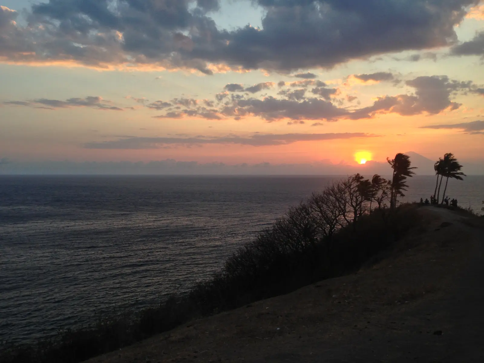 A grassy headland with a few palm trees above the sea at Malimbu, under an orange evening sky