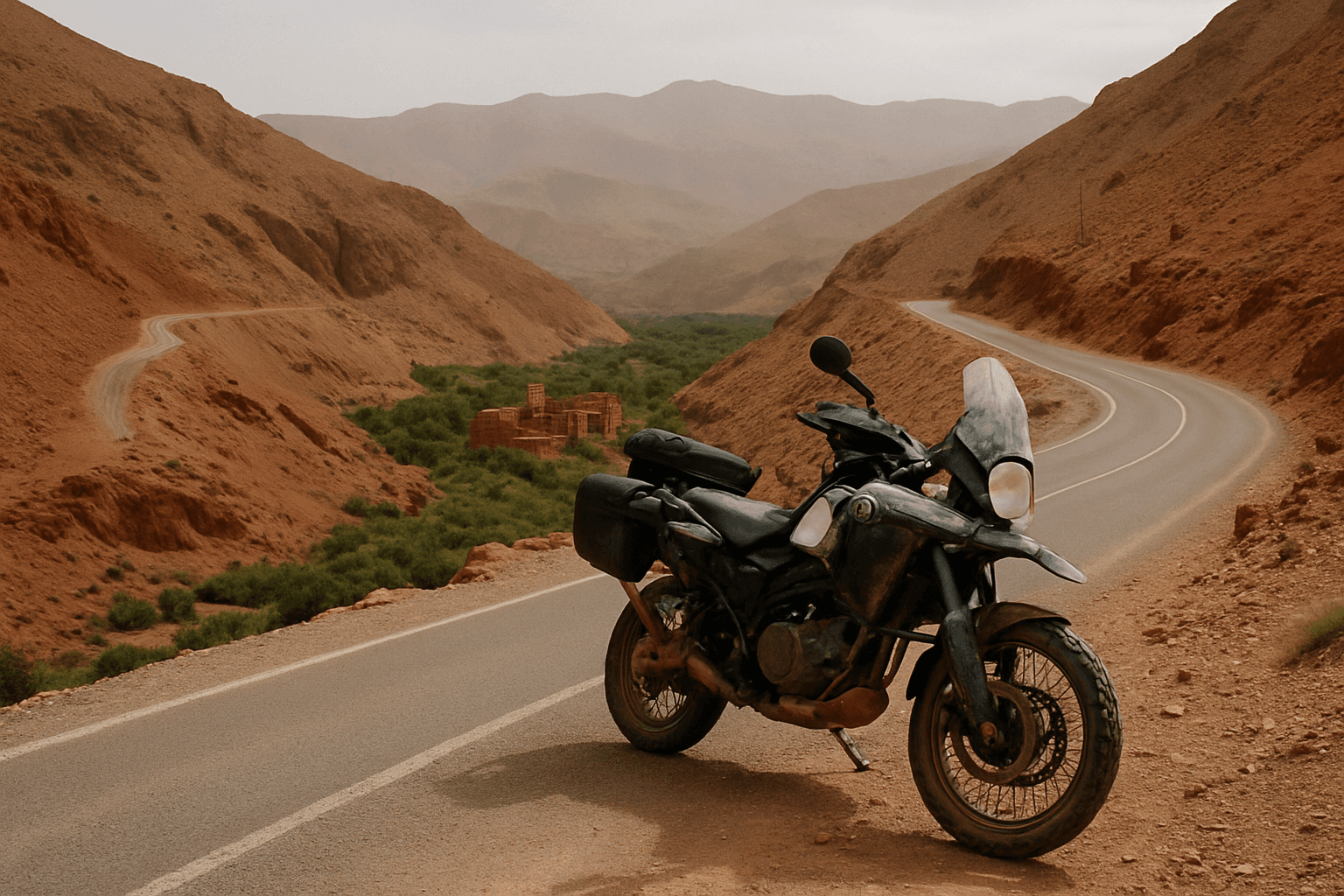 Reiseenduro auf einer Passstraße im Hohen Atlas in Marokko mit einer Kasbah im Tal darunter