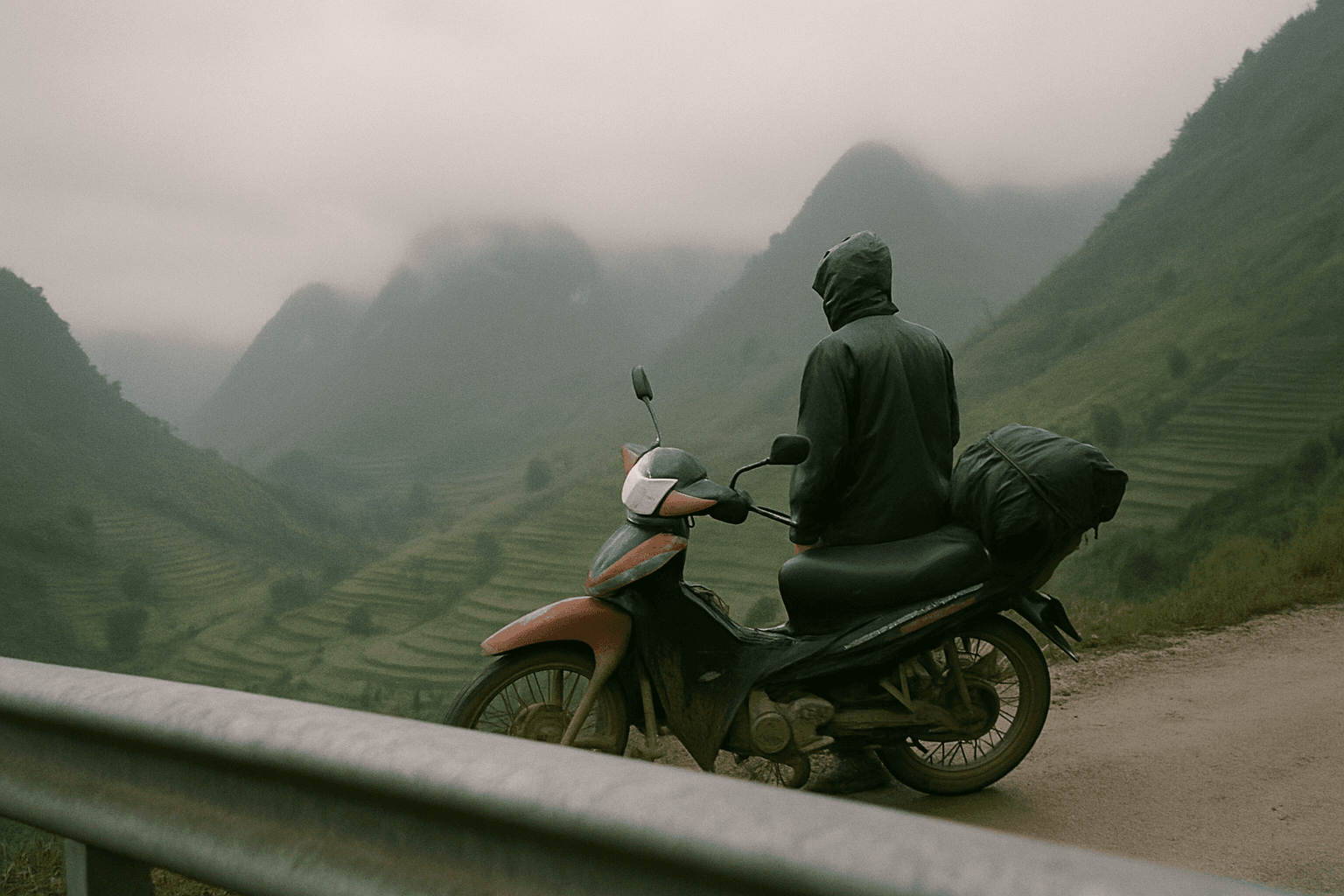 Rider on a loaded motorbike pulled over on a misty mountain road in northern Vietnam, terraced hillside behind
