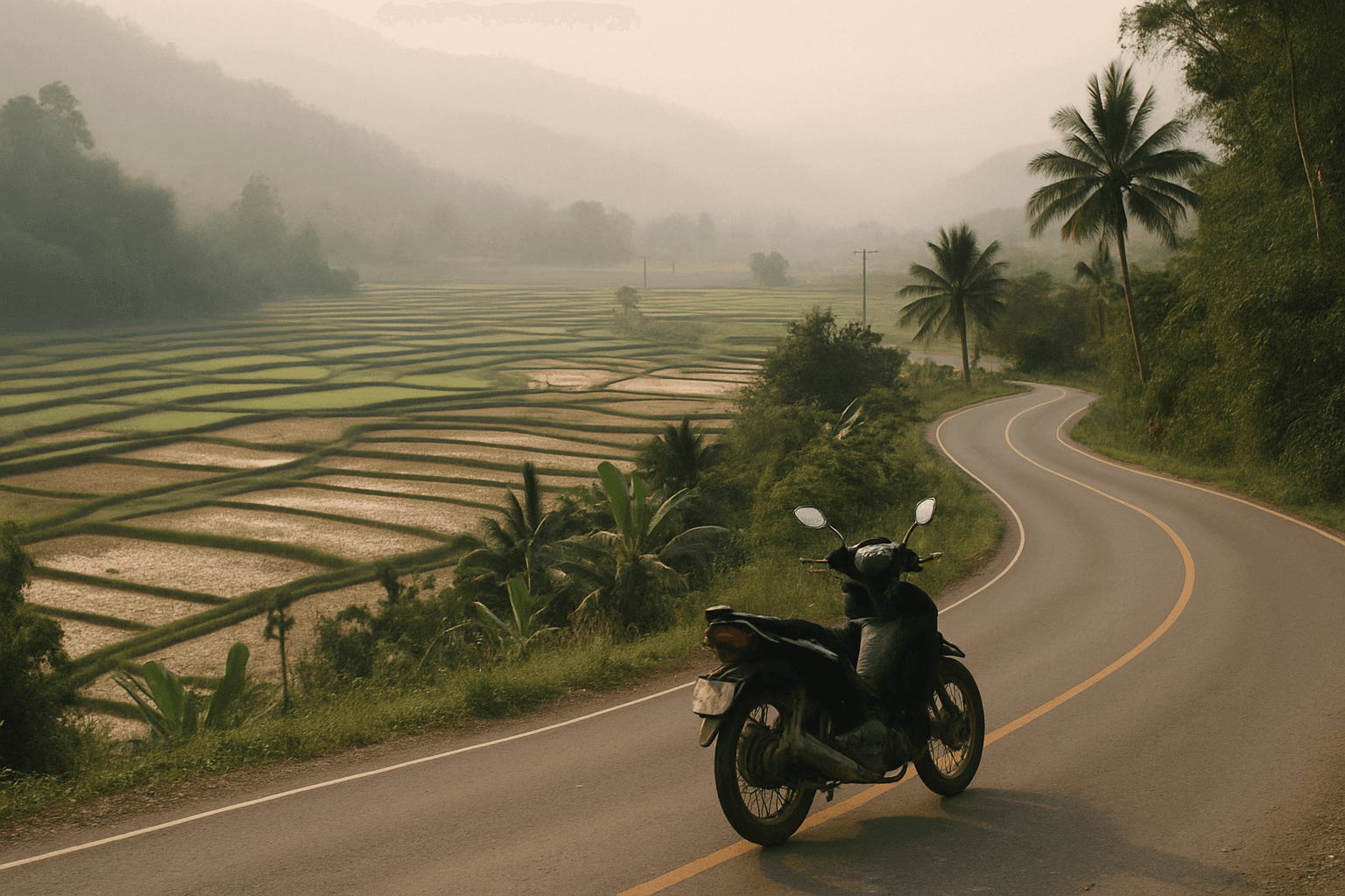 Motorradfahren in der kühlen Jahreszeit im Norden Thailands: goldenes Licht über Reisterrassen und einer Bergstraße
