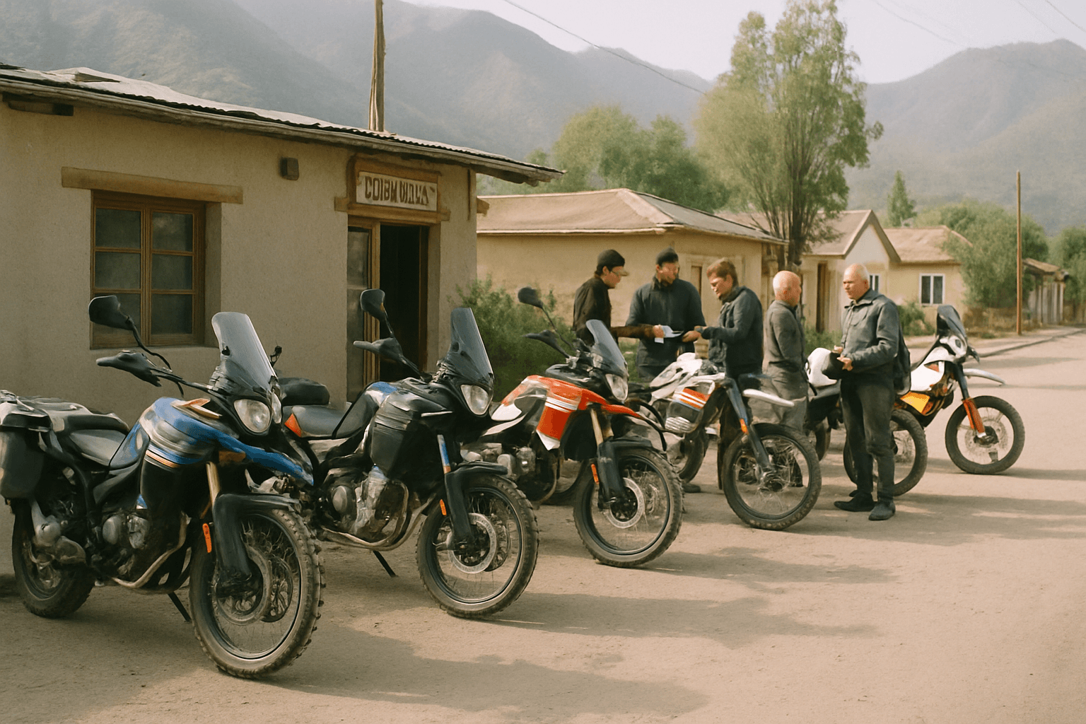 Motorcycles from several tour companies parked outside a tour office