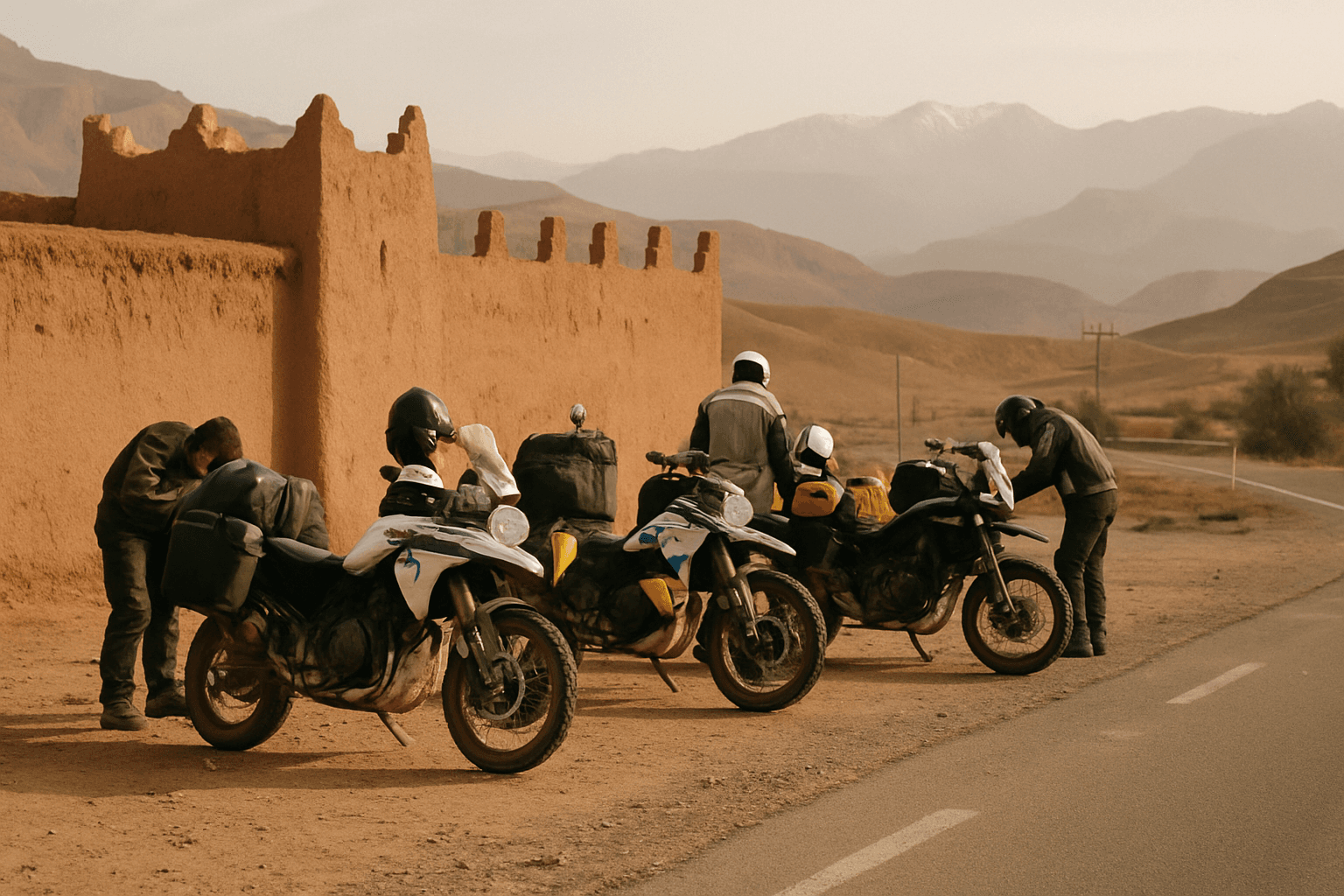Gruppe von Reiseenduros vor einer marokkanischen Kasbah vor Beginn einer geführten Tour