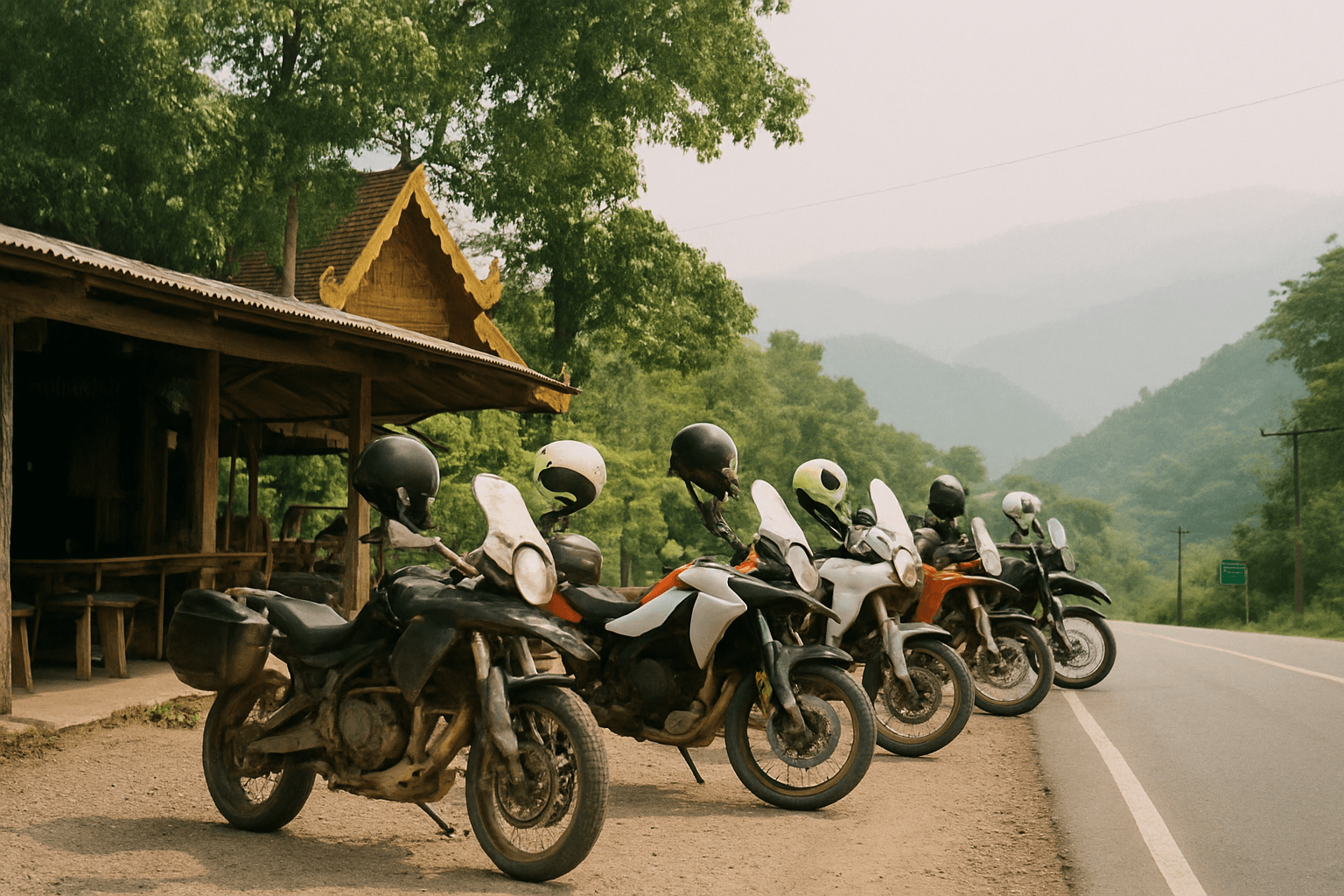 Adventure-Motorräder aufgereiht an einem Halt am Straßenrand im Norden Thailands