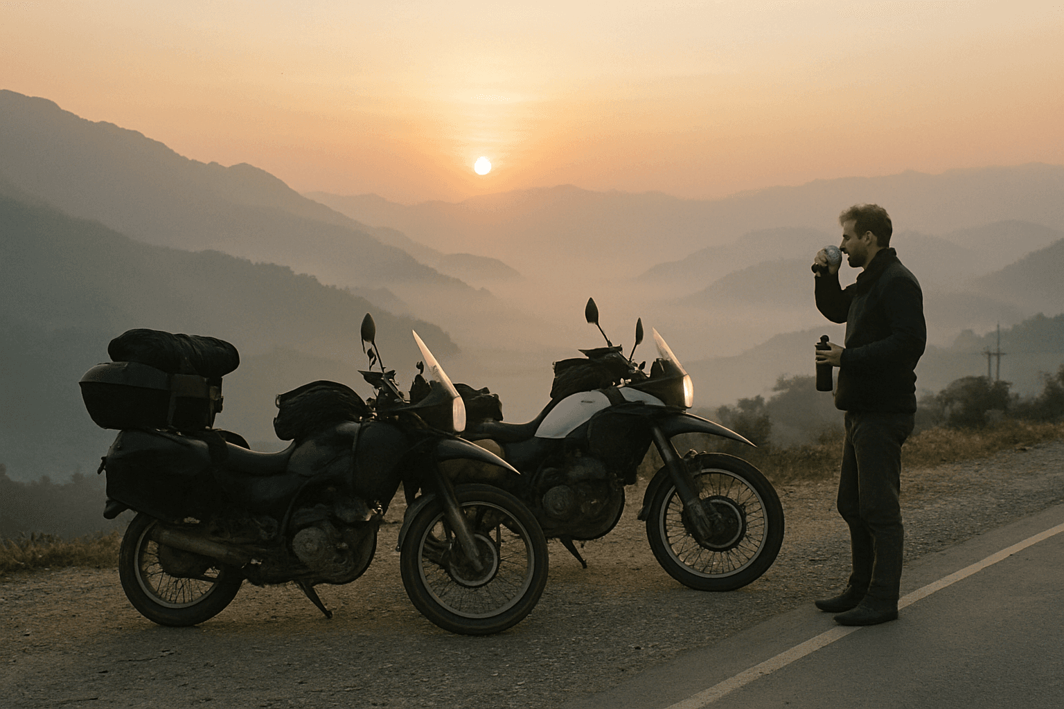 Two touring motorcycles at a mountain overlook at sunrise in Southeast Asia