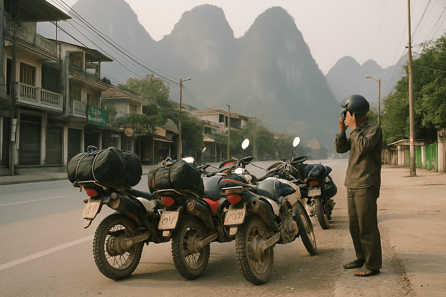 Reisemotorräder mit Gepäckträgern auf einer Straße in Ha Giang, Vietnam