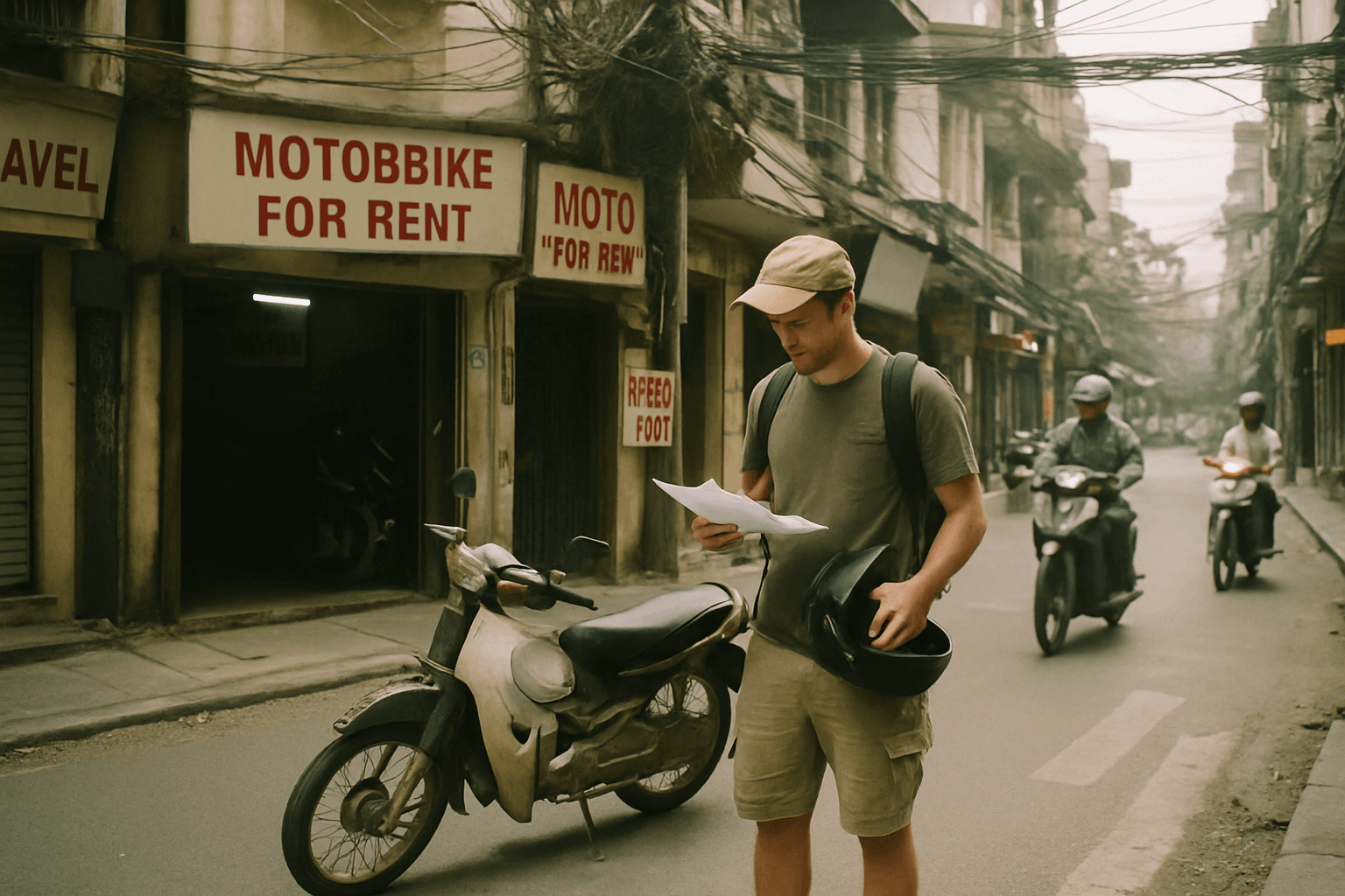 Rider with helmet and documents outside a motorbike rental shop in Hanoi, Vietnam