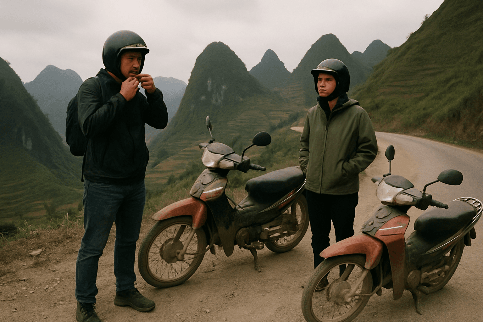 Two riders on small motorbikes stopped at a roadside on a mountain pass in northern Vietnam