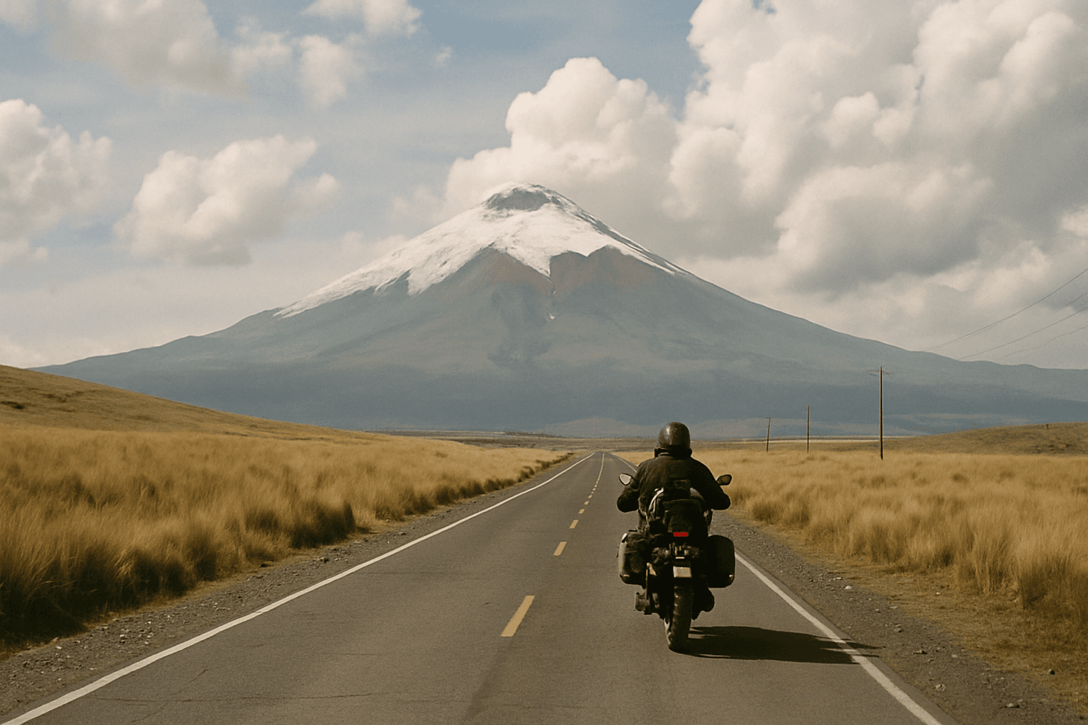 Road across the Andean paramo towards the snow-capped cone of Cotopaxi volcano, Ecuador