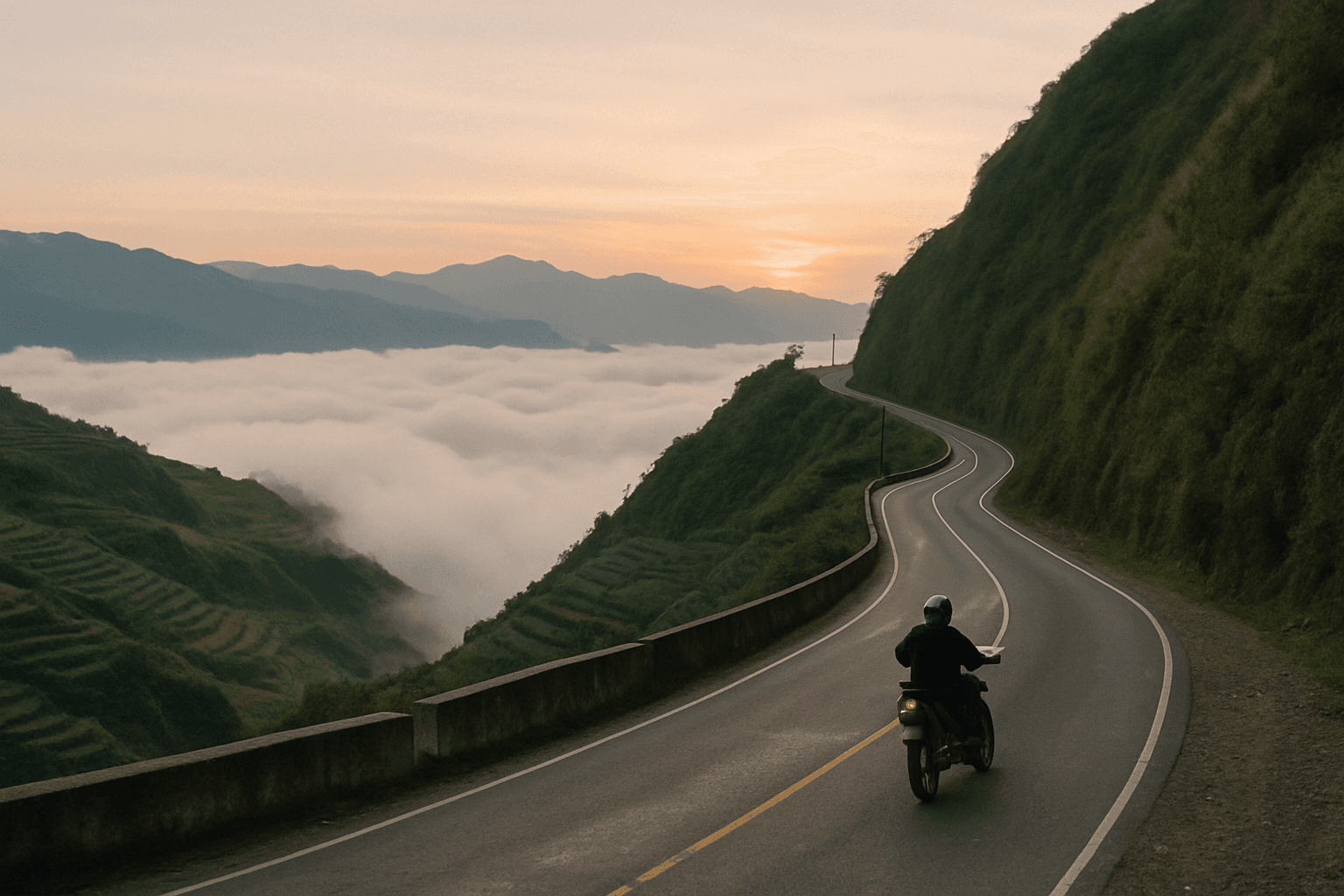 Halsema Highway winding above a sea of clouds in the Cordillera mountains, Philippines