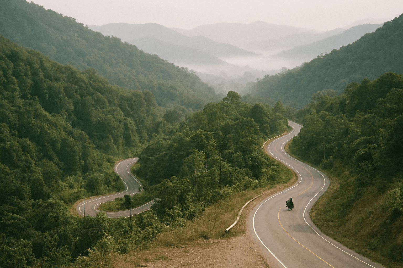 Aerial view of forested mountain switchbacks in northern Thailand
